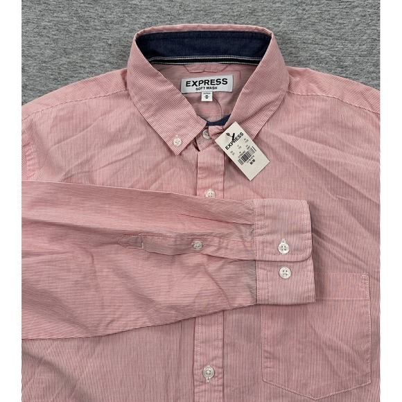 Express Shirt Mens Medium Red Pink Striped Soft Wash Button Down City NEW - Picture 1 of 9
